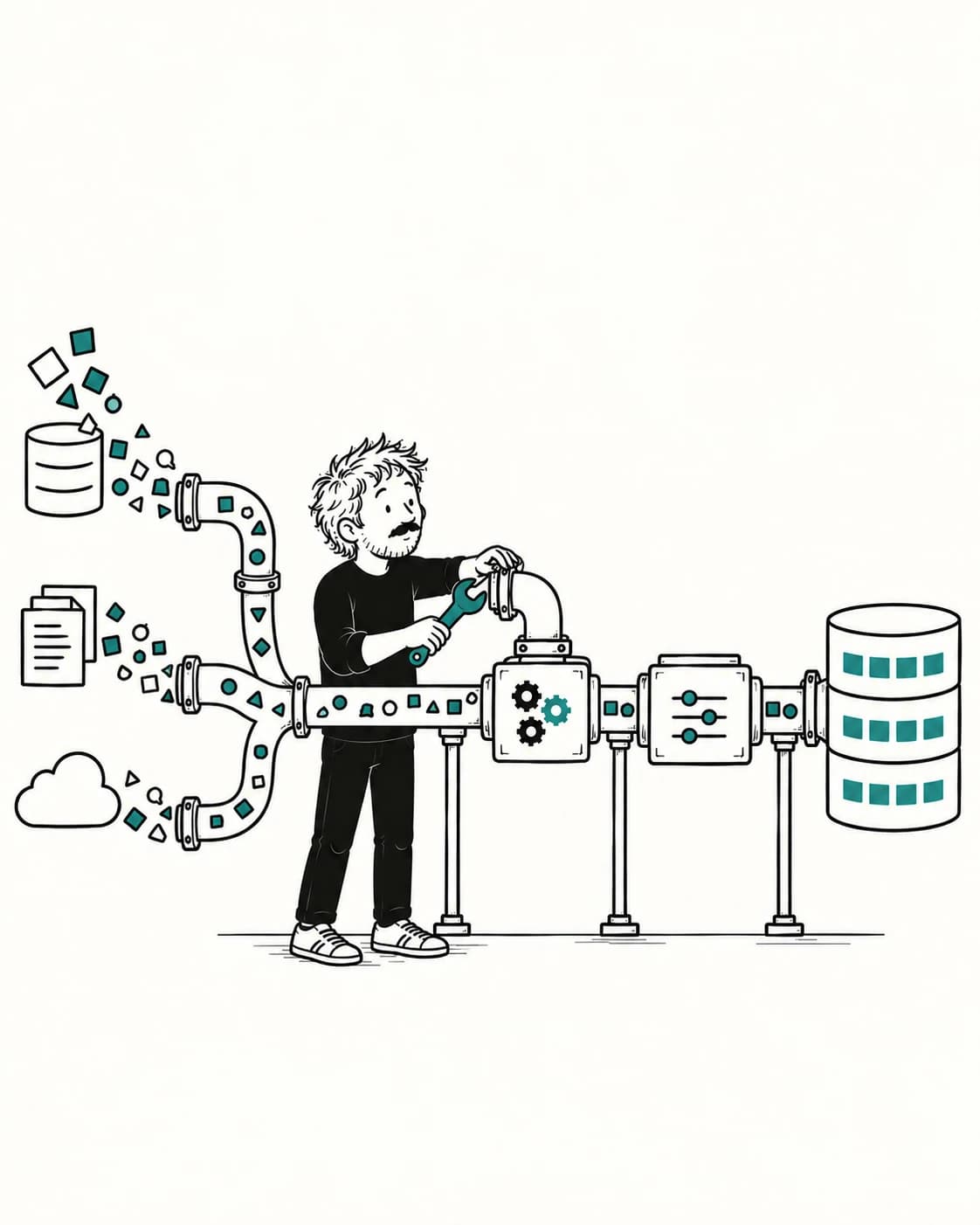 Data engineer connecting multiple data sources to a processing pipeline and database.