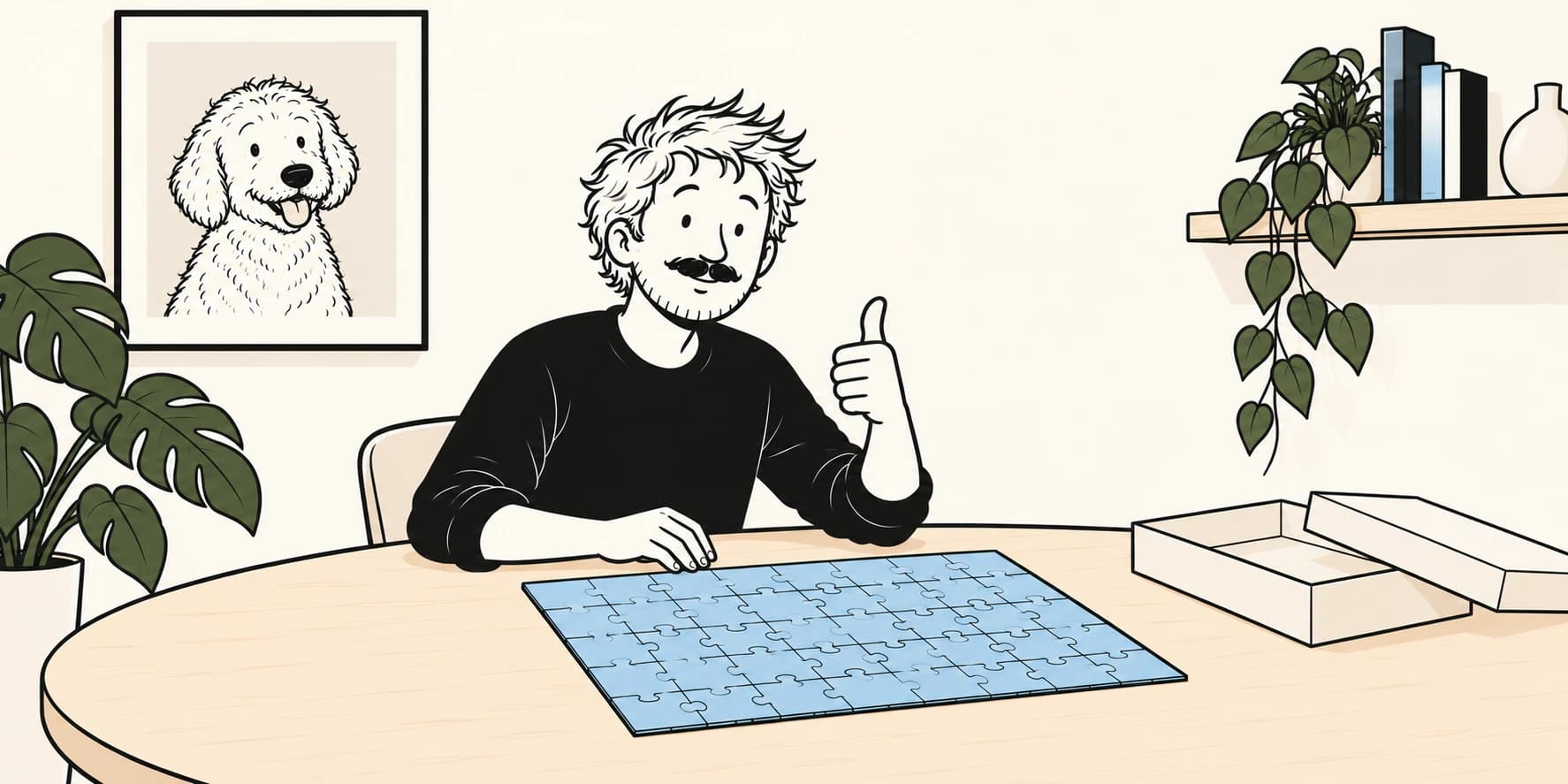 Person giving a thumbs-up beside a completed puzzle at home.