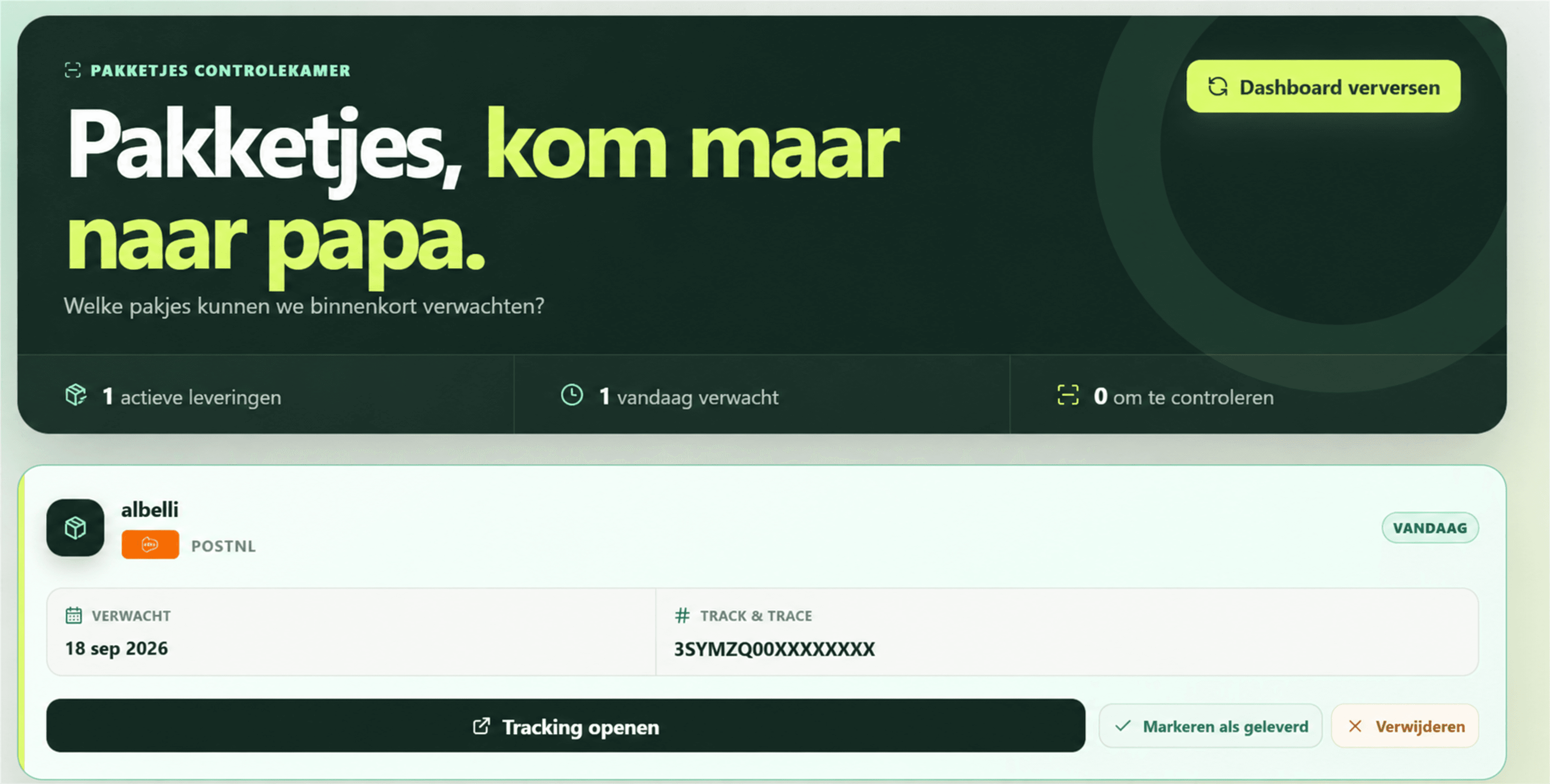 Parcel Dashboard showing an active delivery, its expected date, and tracking actions.